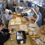 Our volunteer crew from the February Open Lab Saturday: Clockwise from bottom left: Shannin Schroeder, Verna Clark, Deana Clark Taylor, and James Cooper…busy reboxing Woodland artifacts from the Paw Paw site.
