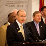 SAU President Dr. David Rankin speaks at the press conference announcing the "Compact with the People of Arkansas."