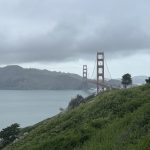 The Golden Gate Bridge on an overcast day, looking north to the Marin Headlands