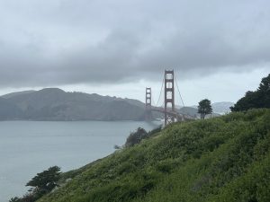 The Golden Gate Bridge on an overcast day, looking north to the Marin Headlands