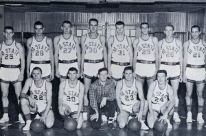 1957 Basketball Team. Front row, l. to r.: Jimmy Culp, Lynwood Cathey, Manager John Clary, J. W. Evers, Norris Fox. Back row: James Simmons, Steve Sheiron, Calvin Neal, George Kirtley, Frank Dolan, Jimmy Solomon, Douglas Dildy. Not pictured: Phil Arman, Bobby Kirtley, Bobby Staten photo