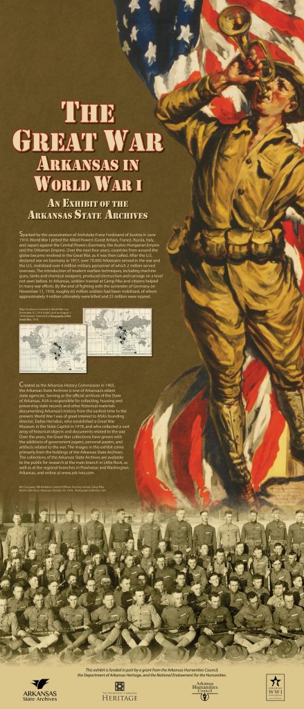 The Arkansas History Commission offers The Great War: Arkansas in World War I and other traveling exhibit at no cost to educational and cultural institutions in Arkansas. Image courtesy of the Arkansas State Archives.
