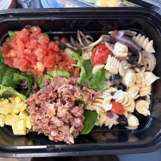 Mulerider Made TV Dinner with pasta salad and chef's salad