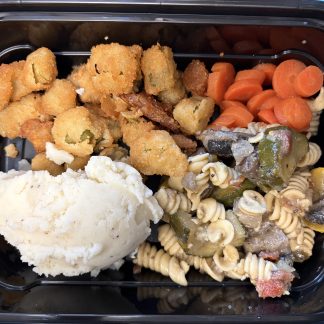 Mulerider Made TV Dinner with Pesto Mushroom pasta, Mashed Potatoes, Fried Okra, and Steamed Carrots