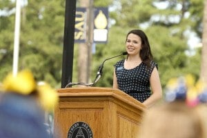 Taylor McNeel speaking at SAU event