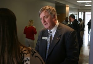 Southern Arkansas University Vice President of Academic Affairs Dr. Corbet Lamkin visits with faculty and staff of SAU-Tech in Camden after being announced as their new Chancellor at a press conference there Tuesday morning.