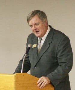 Southern Arkansas University Vice President of Academic Affairs Dr. Corbet Lamkin speaks at a press conference Tuesday morning, during which he was announced as the new chancellor for SAU-Tech in Camden. Also pictured is SAU President Dr. David Rankin and Lamkin's wife Verna.